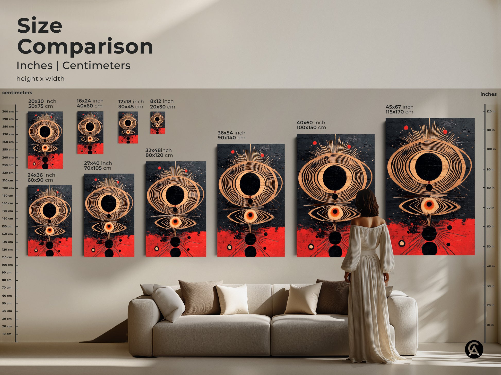 A modern living room showcases a copper and crimson abstract print. The sunburst geometric art elevates the eclectic modern home. This copper metallic print features a unique eye motif in black and red. Perfect office wall decor art.