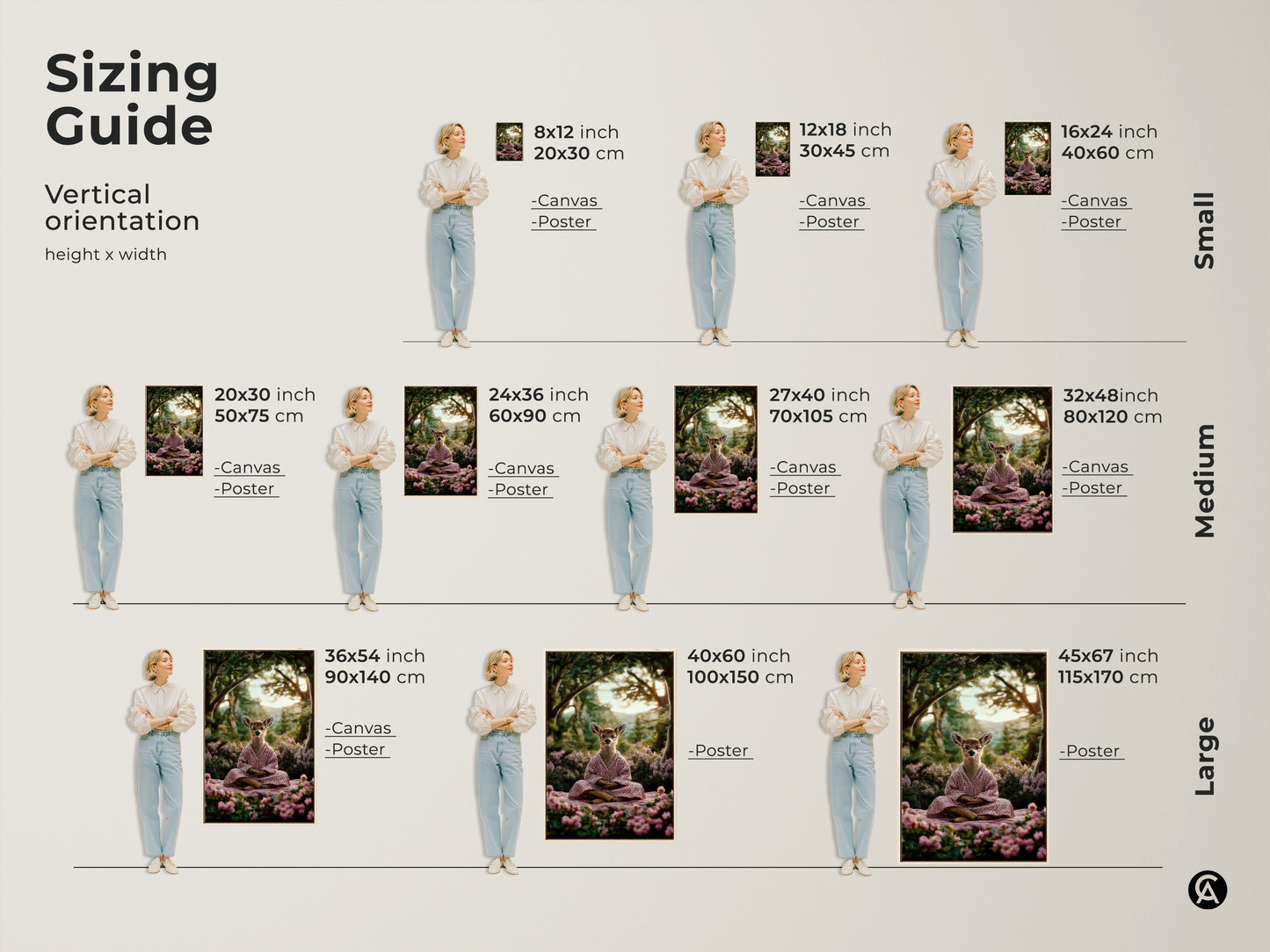The Sizing Guide shows the zen deer art in vertical orientation. Height and width options are shown in inches and centimeters. It is available as a canvas or poster in small medium and large sizes. The artwork is serene.