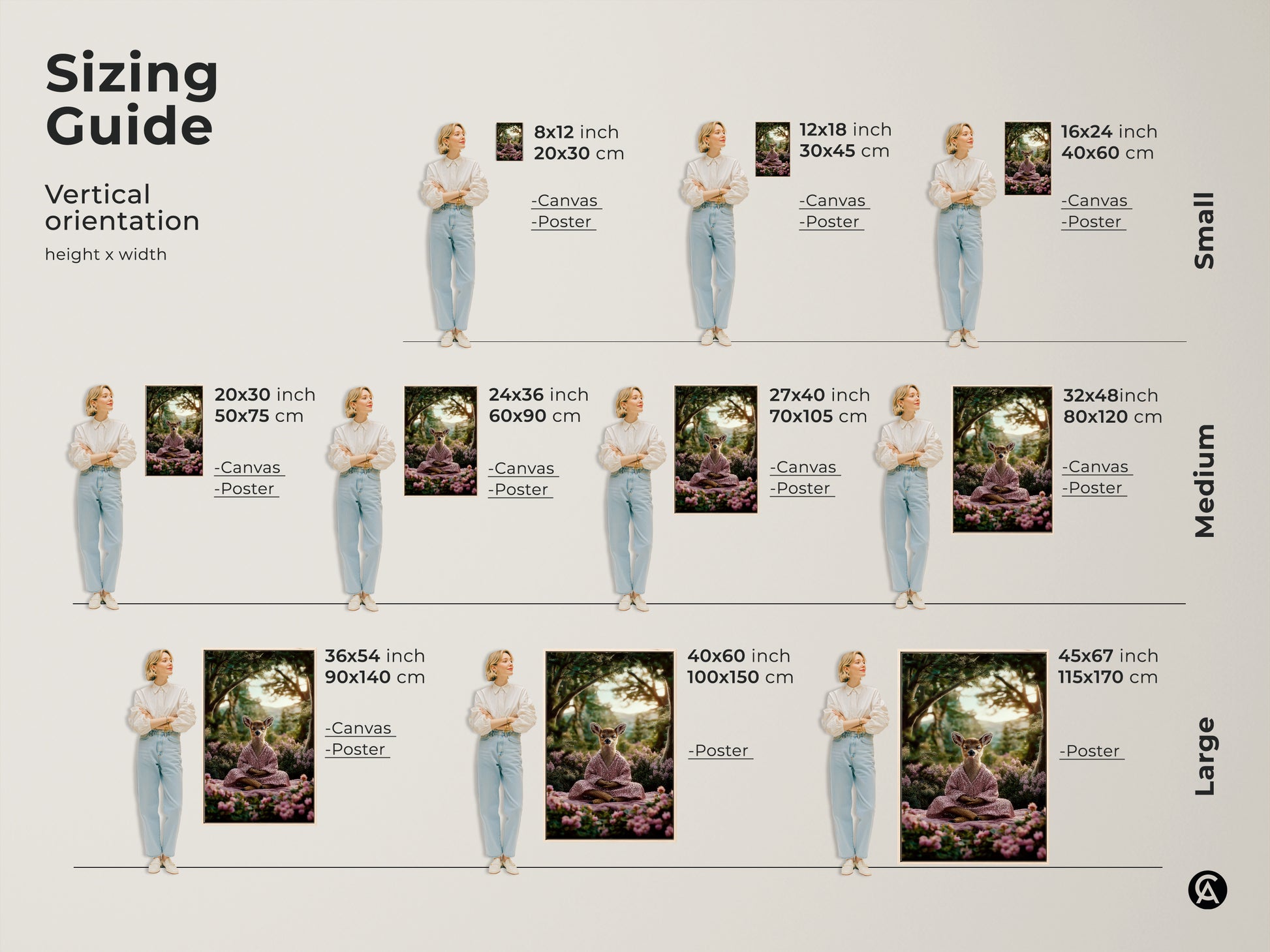 The Sizing Guide shows the zen deer art in vertical orientation. Height and width options are shown in inches and centimeters. It is available as a canvas or poster in small medium and large sizes. The artwork is serene.