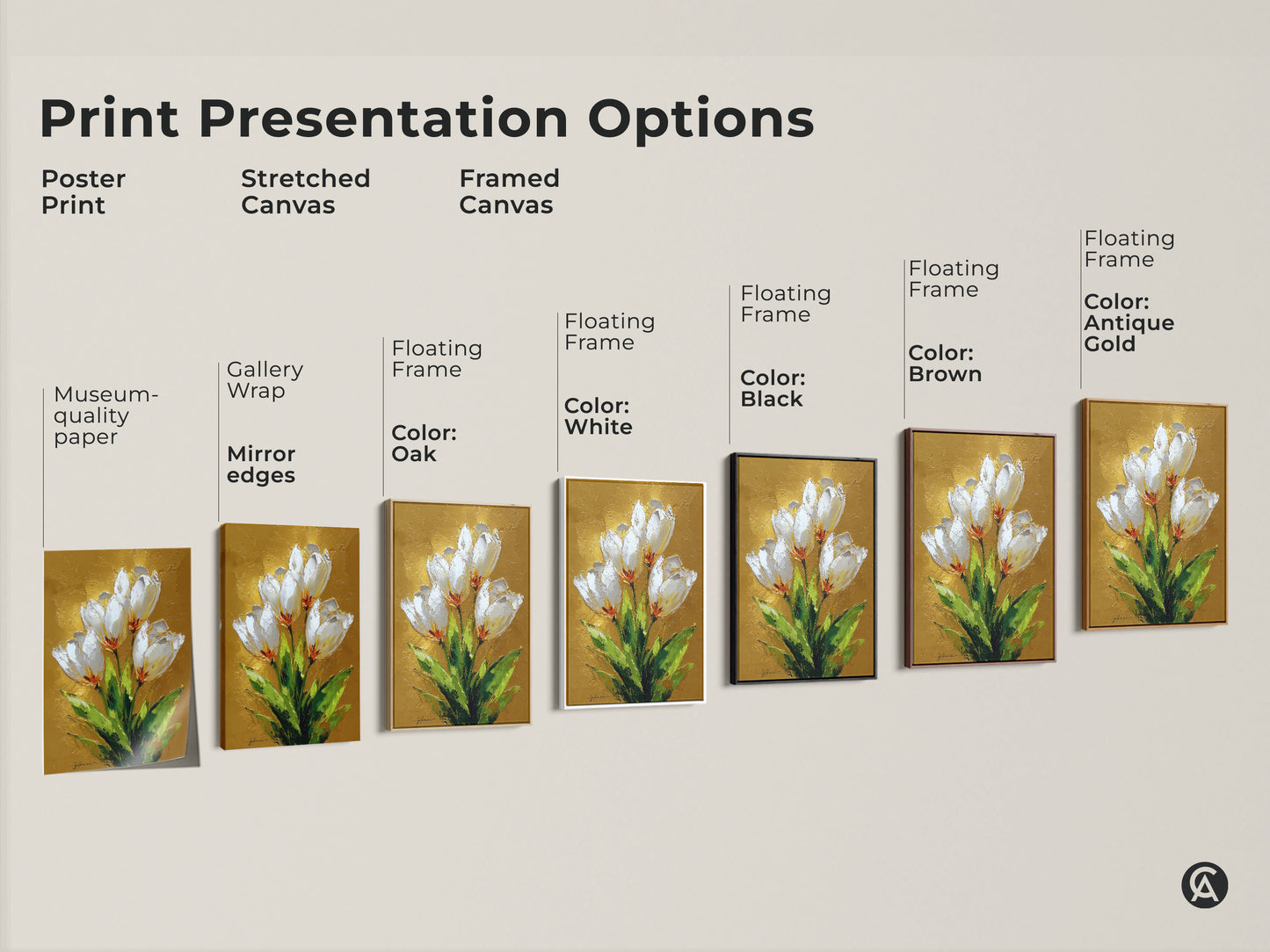 Explore presentation options for white tulip botanical art prints. Choose from poster stretched or framed canvas. Available with various frame colors to match your home decor style.