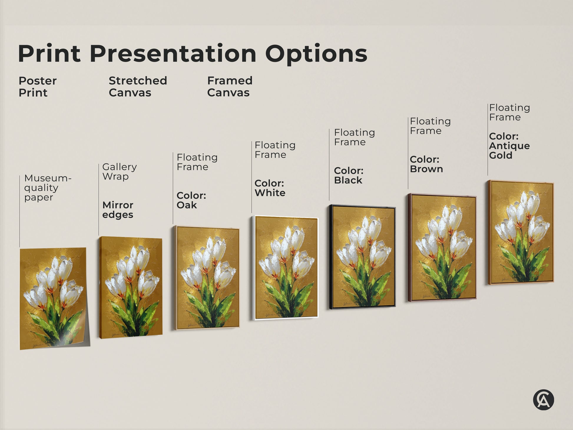 Explore presentation options for white tulip botanical art prints. Choose from poster stretched or framed canvas. Available with various frame colors to match your home decor style.