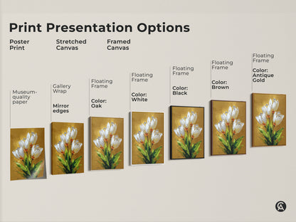 Explore presentation options for white tulip botanical art prints. Choose from poster stretched or framed canvas. Available with various frame colors to match your home decor style.