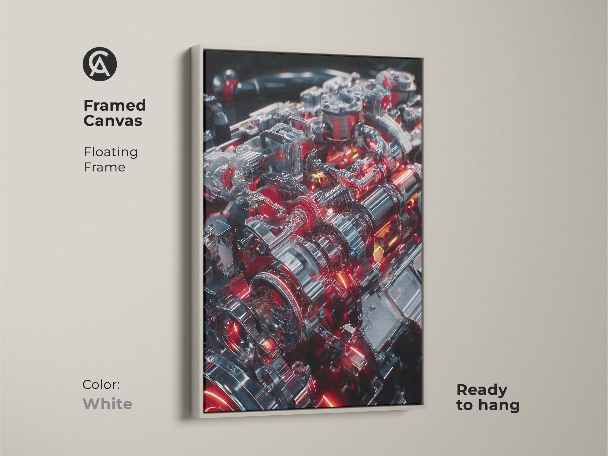 Framed canvas print with a white floating frame. Showcases a detailed mechanical engine artwork. Silver and red gears create a futuristic feel. Perfect for modern garage or office decor. Celebrates automotive engineering. Ready to hang.