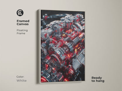 Framed canvas print with a white floating frame. Showcases a detailed mechanical engine artwork. Silver and red gears create a futuristic feel. Perfect for modern garage or office decor. Celebrates automotive engineering. Ready to hang.