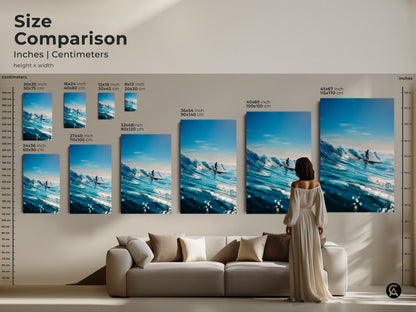Compare artwork sizes in inches and centimeters. This guide displays canvas and poster prints of a surfer riding a beautiful blue wave. See how each size transforms your living space. Find the ideal dimensions for your surf-themed art.