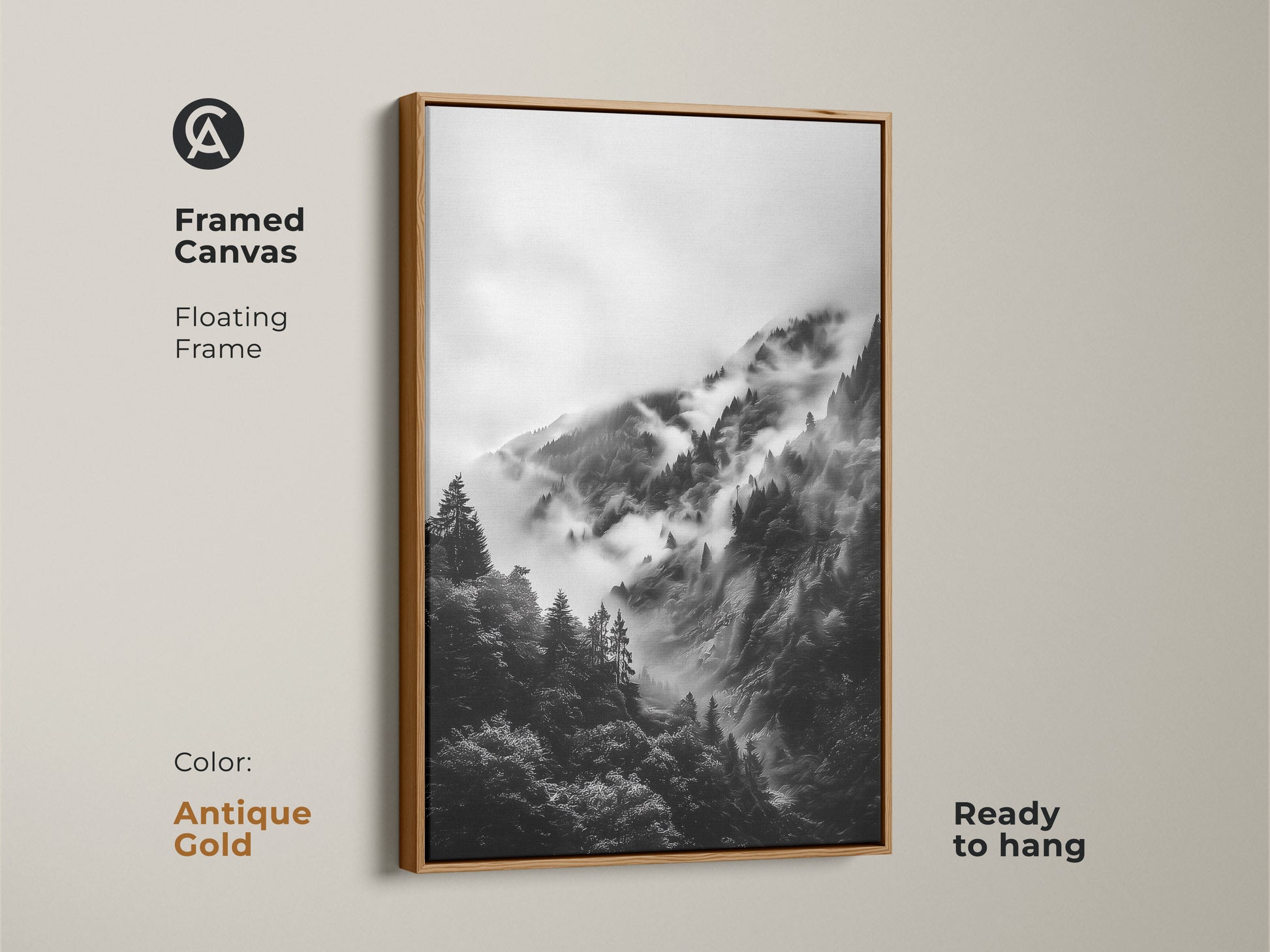 Antique gold framed canvas of a misty mountain print. Modern monochrome art for living room canvas. This nature wall decor offers depth and tranquility. It's a great housewarming gift.