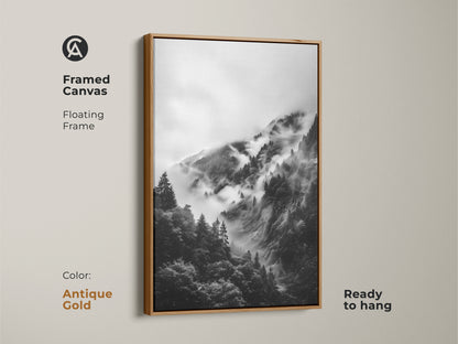 Antique gold framed canvas of a misty mountain print. Modern monochrome art for living room canvas. This nature wall decor offers depth and tranquility. It's a great housewarming gift.