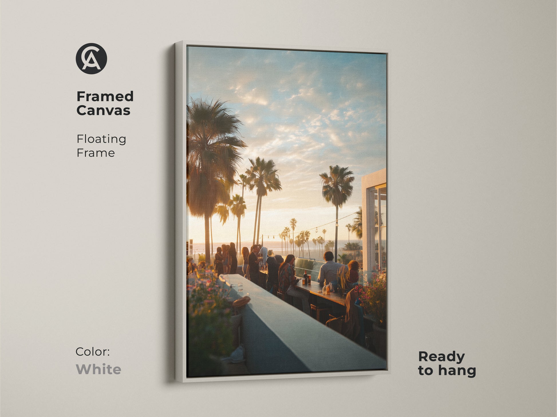 Framed canvas art with a white floating frame. The artwork displays a sunset view from a rooftop bar. The scene includes palm trees and people. Ready to hang. This clean look will complement any room's style.