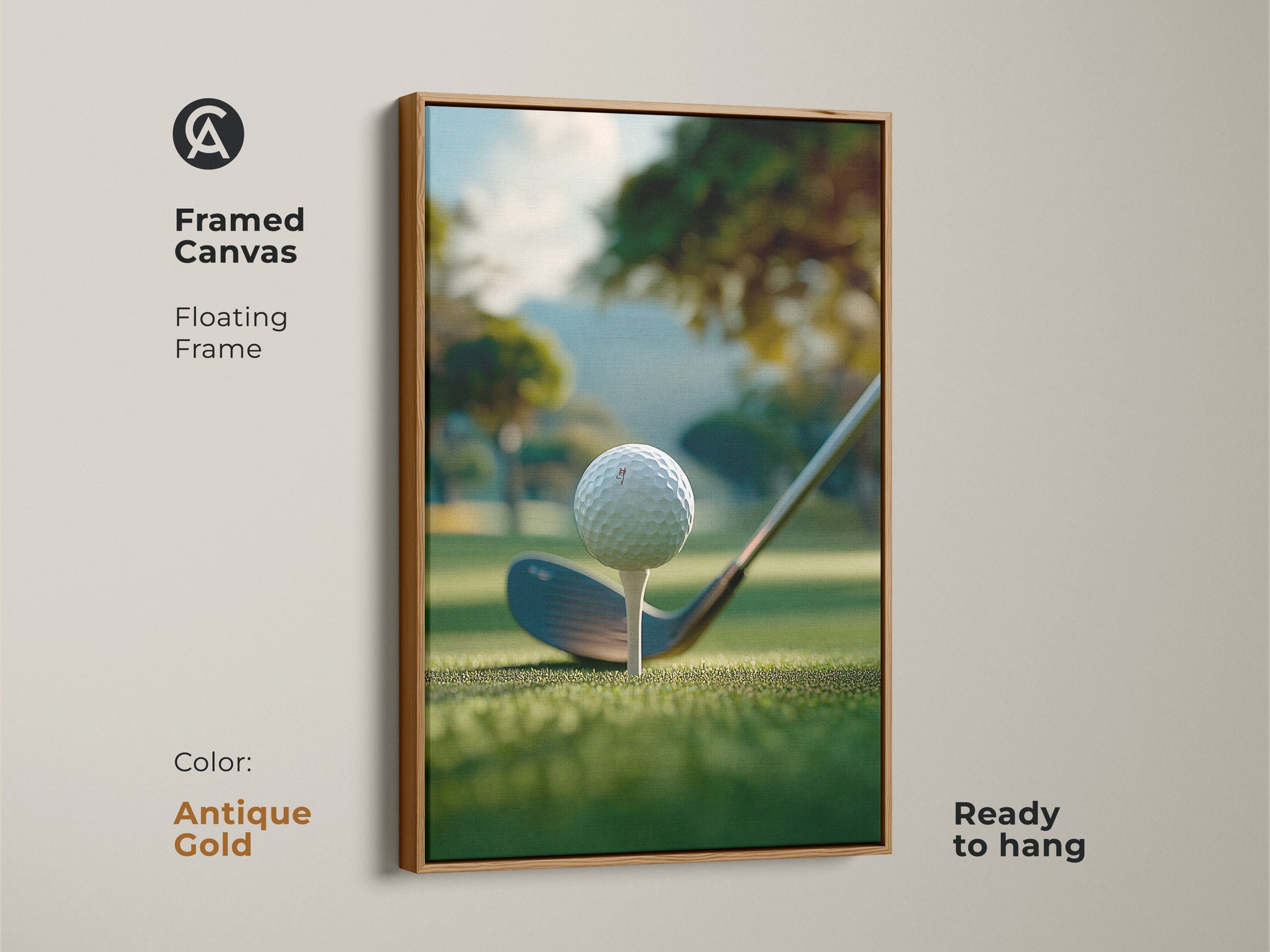 An antique gold framed canvas golf art print ready to hang. The artwork shows a golf ball on a tee ready to be hit. The background is a green golf course with trees and a hill. This framed golf art print is perfect for your home or office.