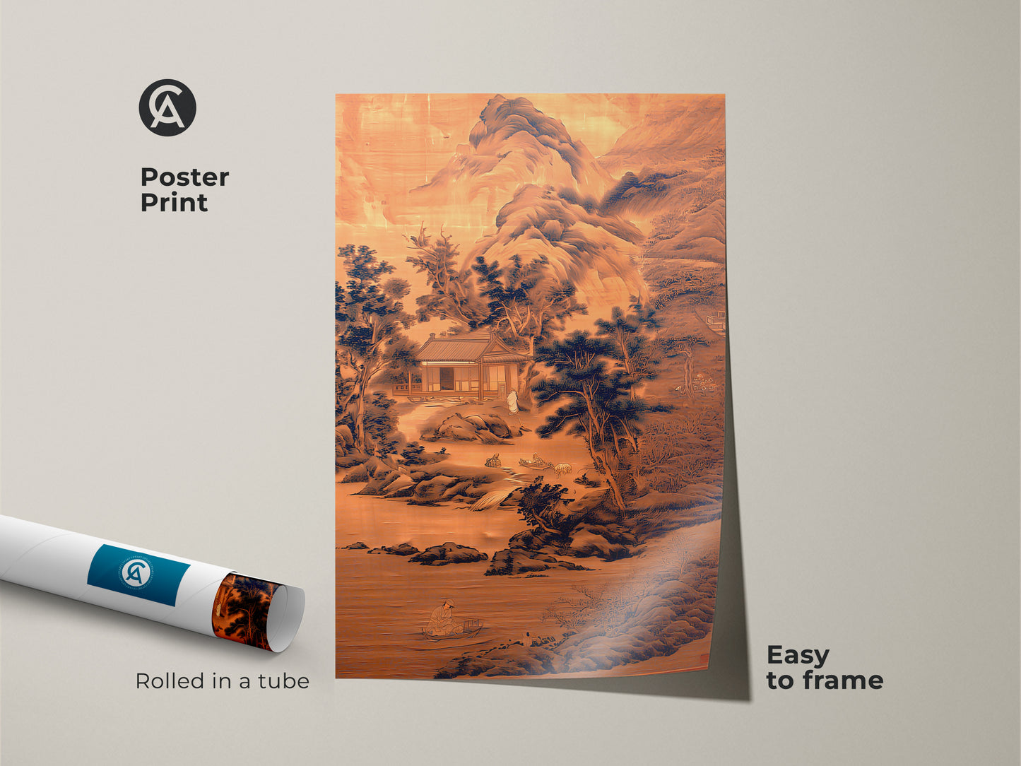 Poster print of a traditional Asian landscape art. This ink wash sepia navy mountain scene is easy to frame. This zen meditation decor is ideal as a housewarming gift. Enhance your study room or office with this classic landscape artwork.