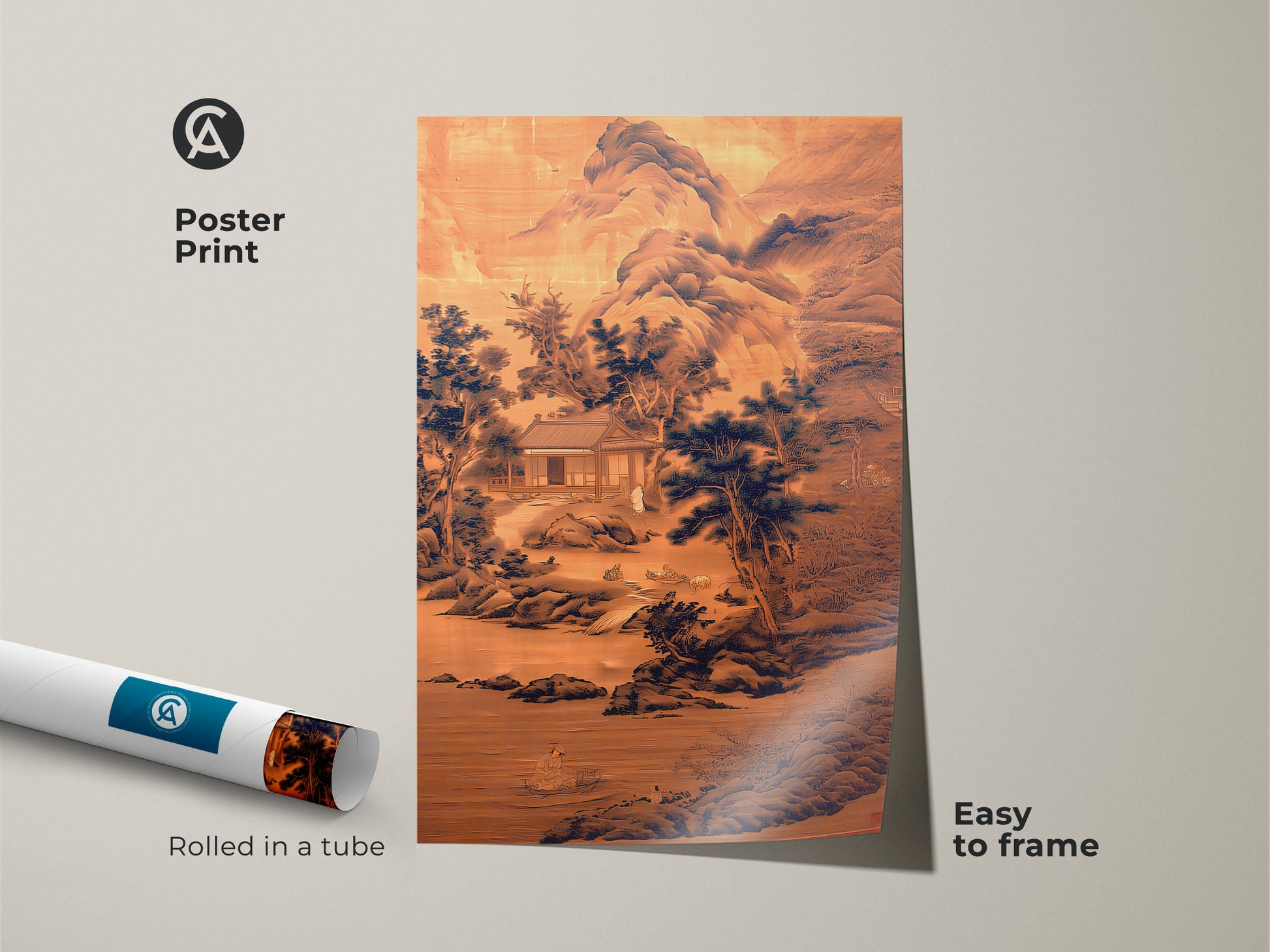 Poster print of a traditional Asian landscape art. This ink wash sepia navy mountain scene is easy to frame. This zen meditation decor is ideal as a housewarming gift. Enhance your study room or office with this classic landscape artwork.