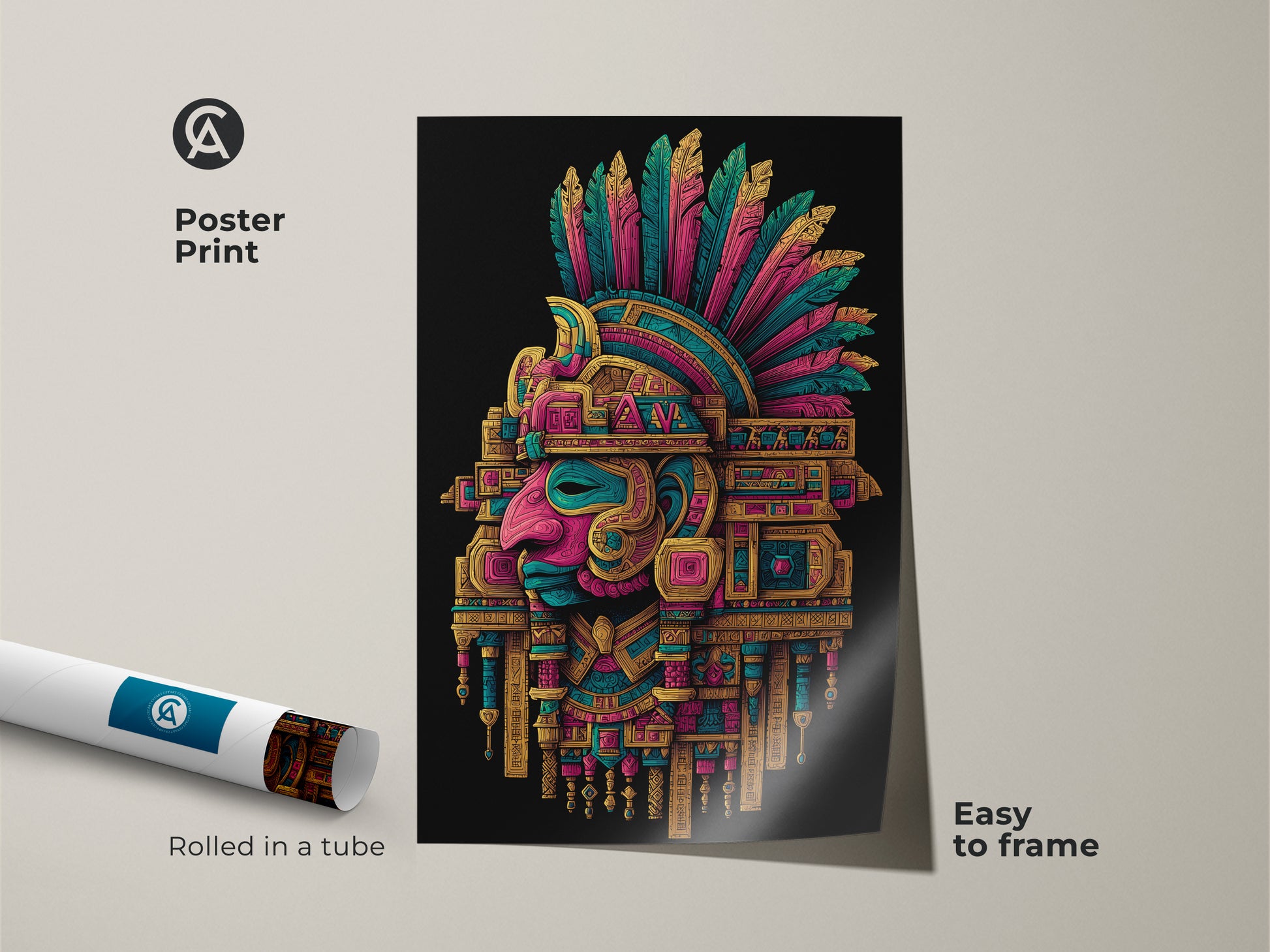 Poster print of an Aztec Headdress artwork. The poster is rolled in a tube. It is easy to frame. The colors are bright and vivid. Add a touch of culture to your walls