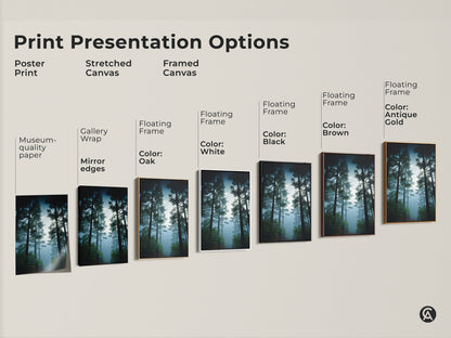 Print presentation options include poster prints stretched canvas and framed canvas. Choose from various frame colors like white black brown oak and antique gold for your forest art.