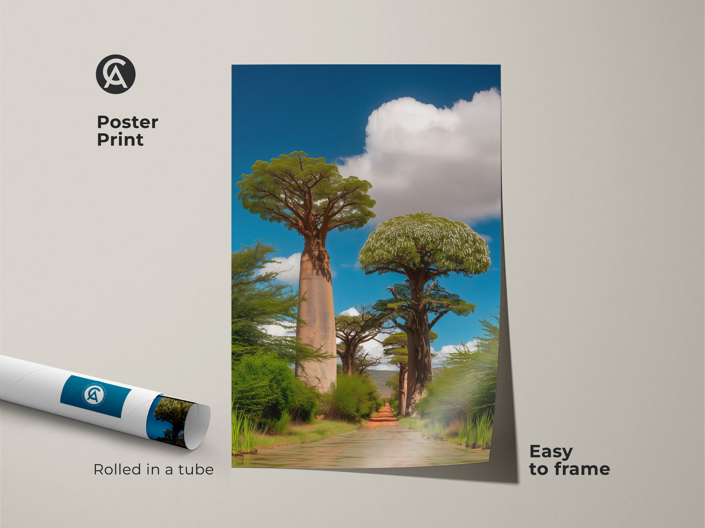 Poster print of realistic baobab trees along a dusty African road. Rolled in a tube for easy framing. The blue sky art print is perfect for travel enthusiasts. A beautiful piece of nature artwork. Ideal for boho entryway decor. This travel destination art brings the savanna to your home.