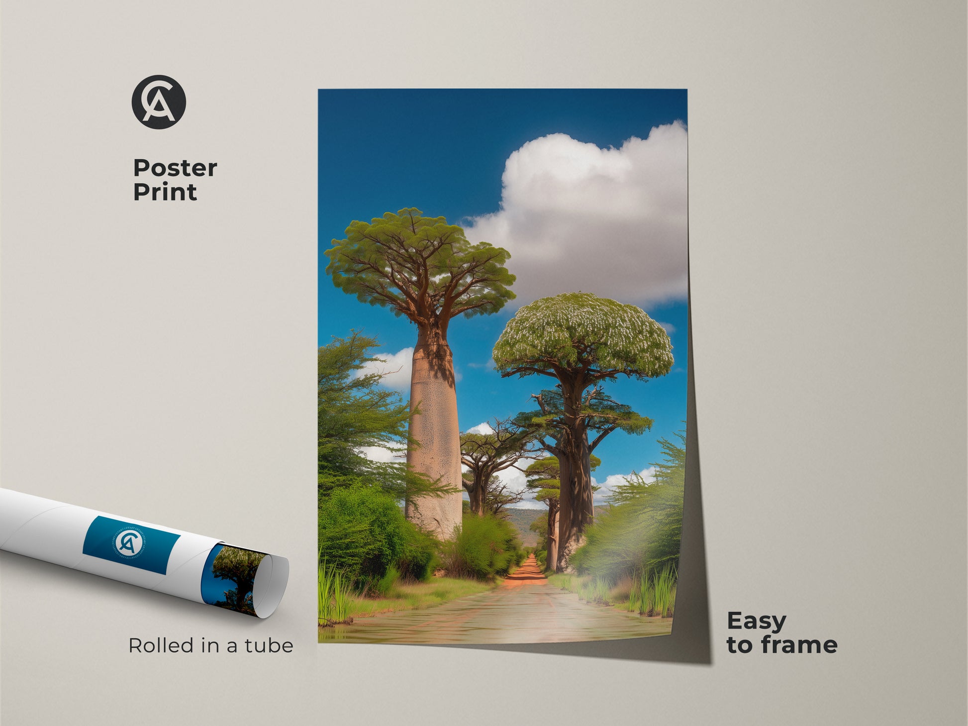 Poster print of realistic baobab trees along a dusty African road. Rolled in a tube for easy framing. The blue sky art print is perfect for travel enthusiasts. A beautiful piece of nature artwork. Ideal for boho entryway decor. This travel destination art brings the savanna to your home.
