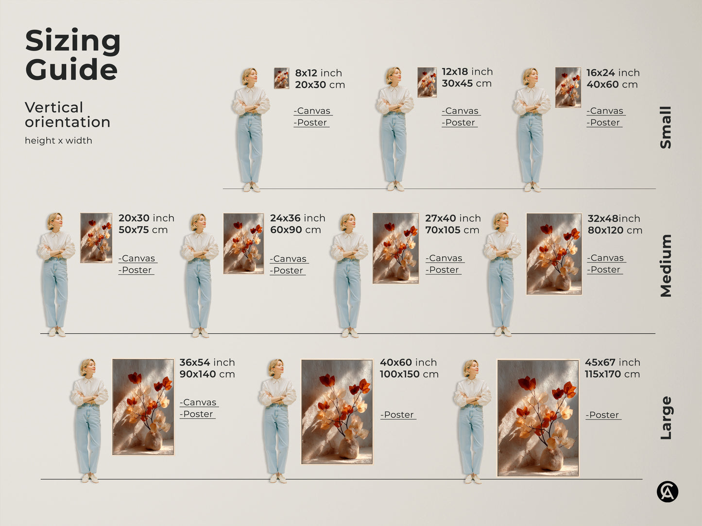Sizing guide for vertical Terracotta Bougainvillea. Visualize artwork in 8x12 to 45x67 inch sizes. See canvas and poster options on display. Find small medium and large sizes to fit your space. Perfect housewarming gift art with earthy tones.