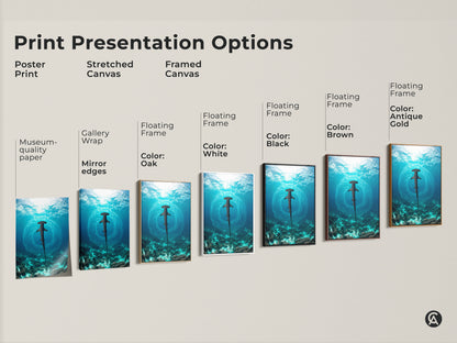 Print presentation options for hammerhead shark artwork. The image shows poster prints stretched canvas and framed canvas. Floating frames come in oak white black brown and antique gold. Museum-quality edges.