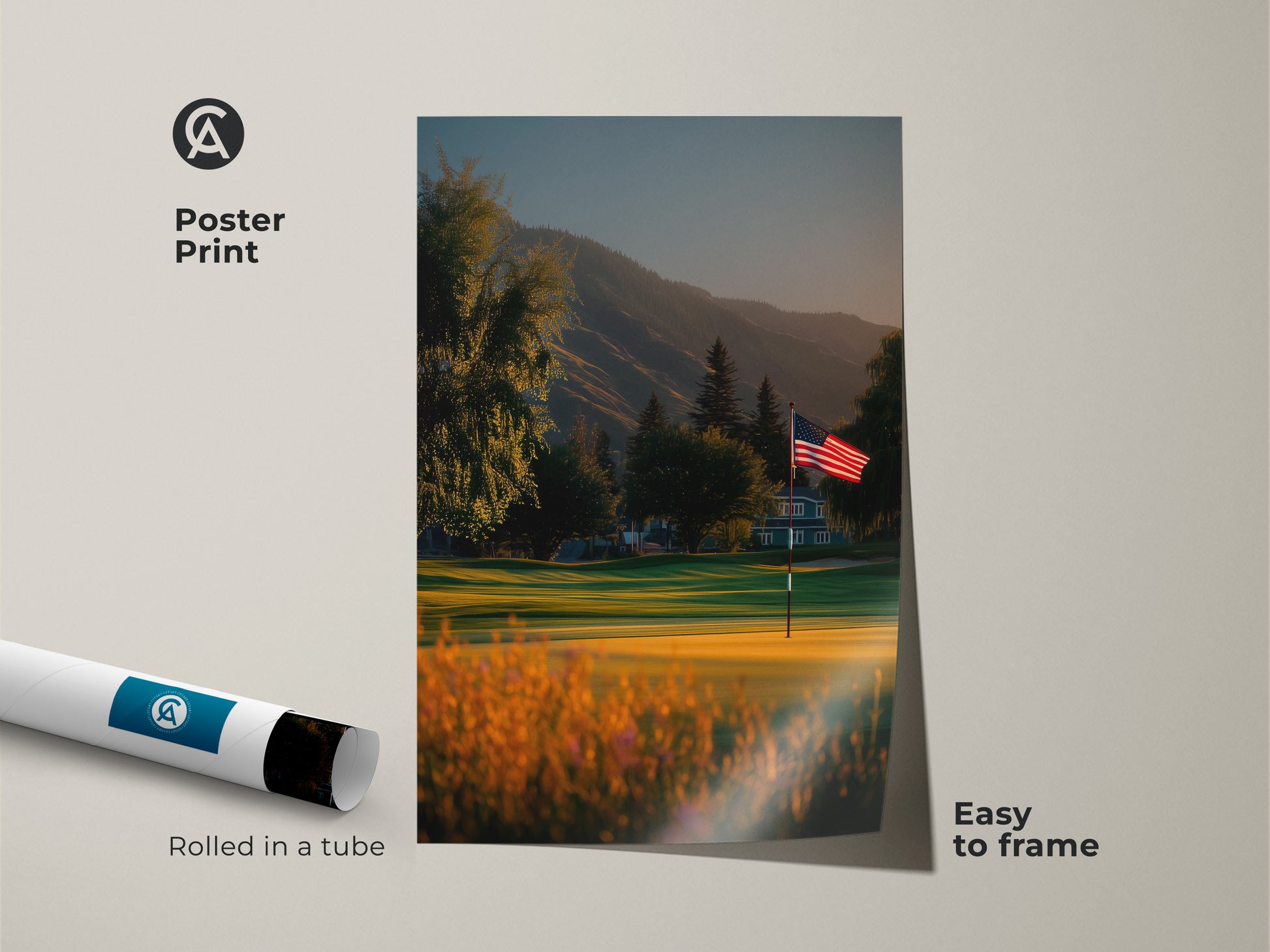 Museum-quality poster print of an American flag waving on a beautiful golf course. This art piece comes rolled in a tube. It is easy to frame. Ideal for adding a patriotic touch to your home or office decor.