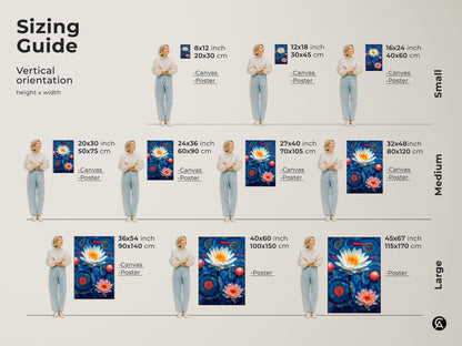 Sizing guide for vertical Modern Folk Botanical art prints featuring water lilies and koi fish. Visualize different sizes on canvas and poster options with dimensions in inches and centimeters. Perfect for planning your eclectic wall decor this guide helps.