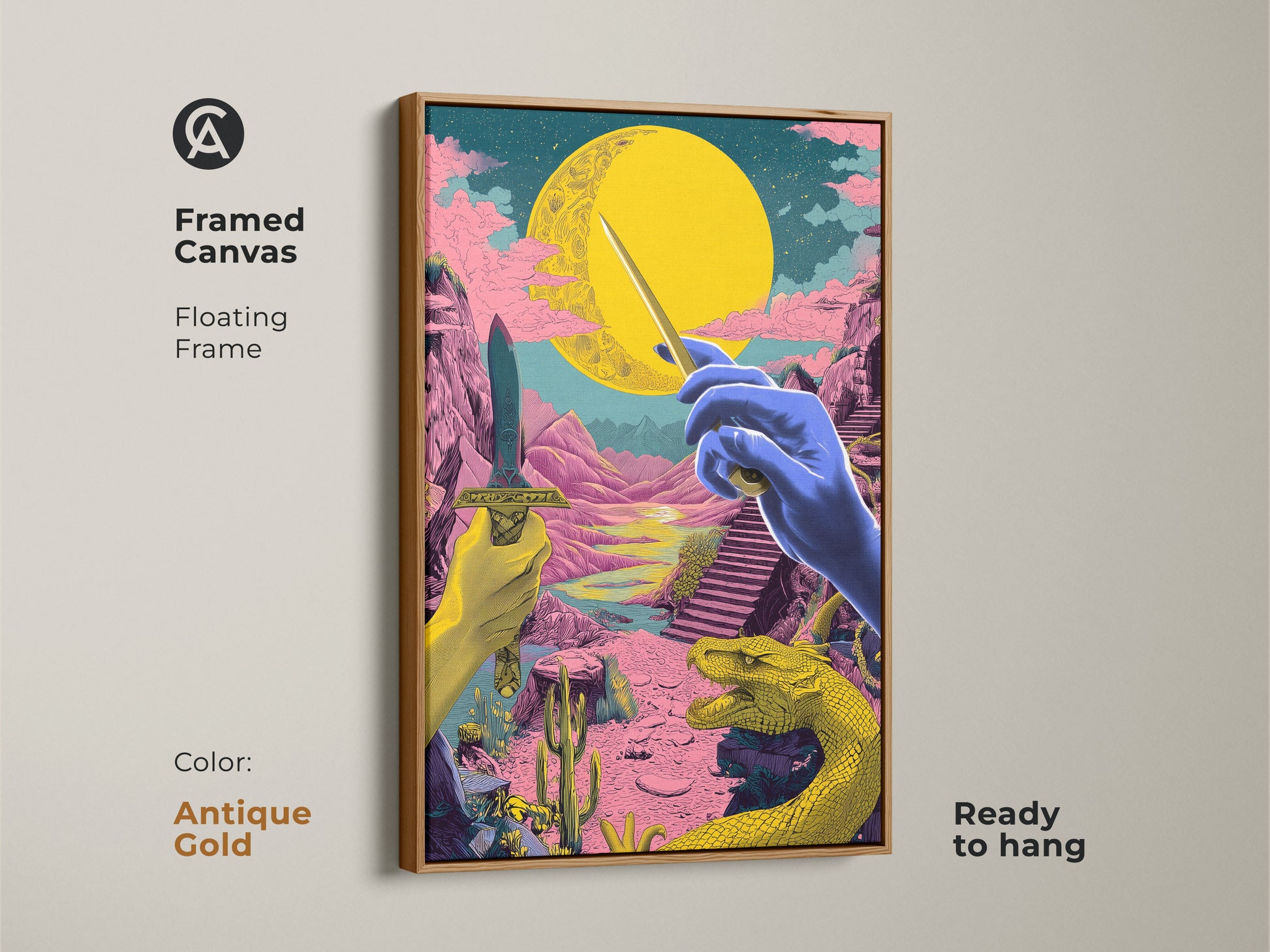 Enhance your decor with this framed canvas art. An antique gold floating frame adds sophistication to this surreal fantasy wall art. The yellow pink and blue canvas features a dragon and dagger. Ready to hang this eclectic home decor print will transform your living room or study.