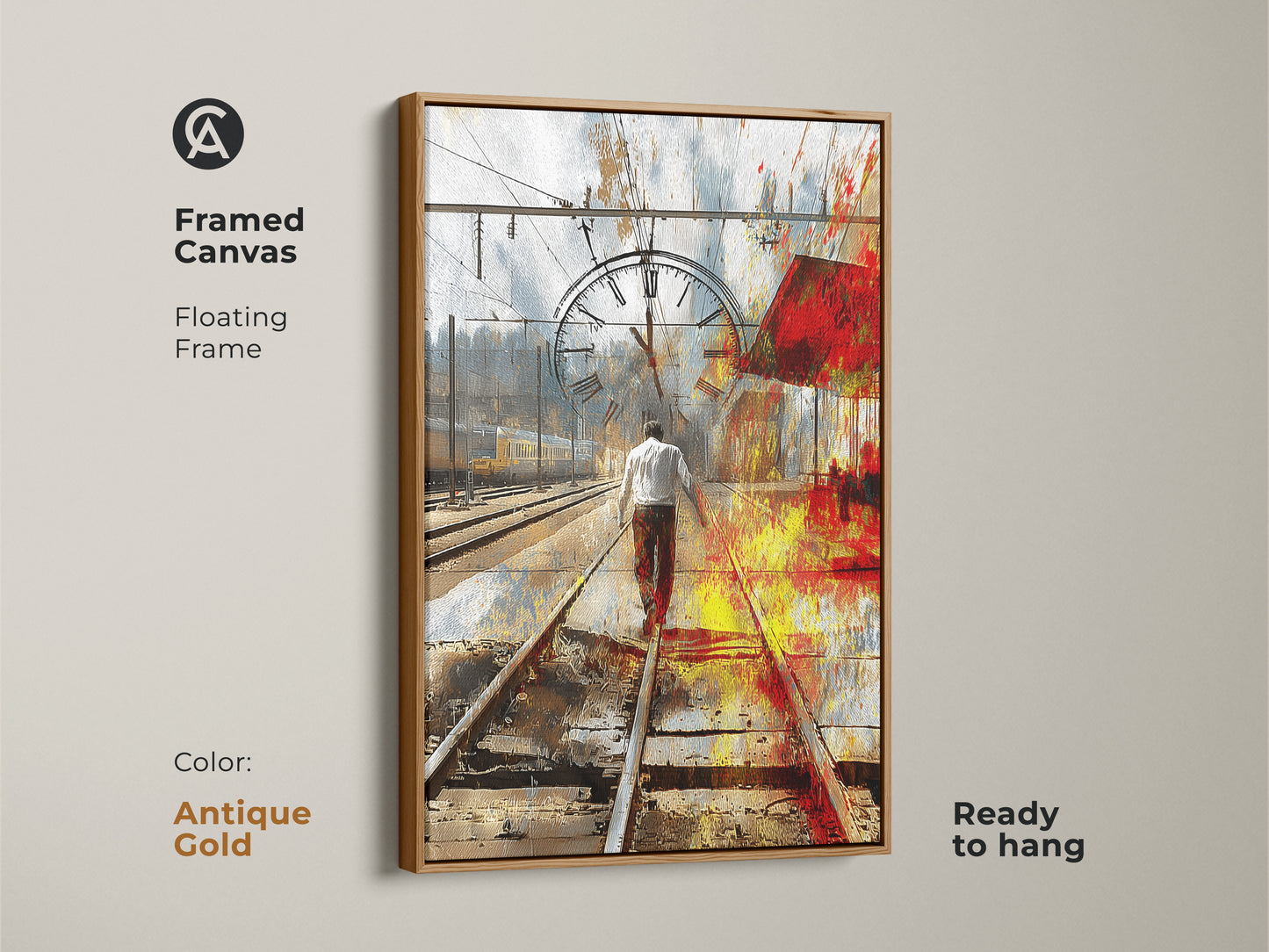 Framed Canvas Print with a floating antique gold frame. A man walks on railway art with a vintage clock. This piece is ready to hang. Modern abstract artwork for an office workplace. An abstract journey art piece.