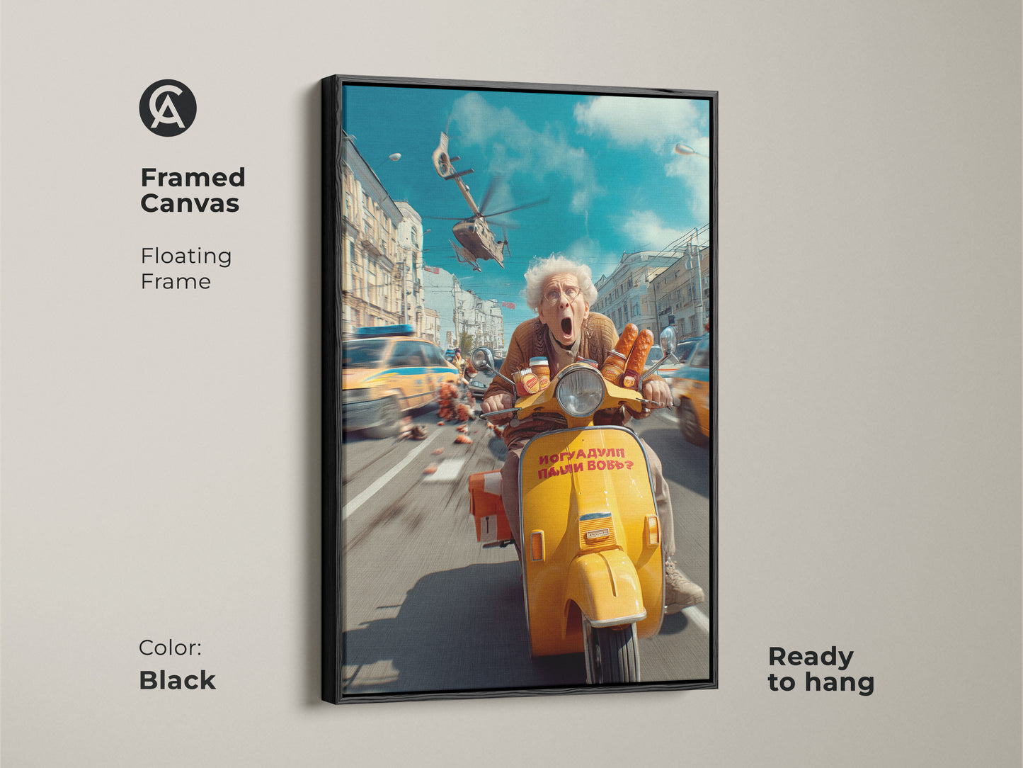 Framed canvas artwork features an elderly woman on a scooter with a cityscape behind her. The floating frame has a black finish and the art is ready to hang. This print brings a humorous and eclectic touch to any space.