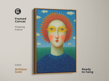 The modern folk artwork print featuring a surreal sun face and clouds. The eclectic blue red and green tones enhance the artwork. It is a unique wall hanging for those who appreciate surrealism. Makes a thoughtful birthday gift for art lovers.