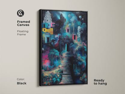 Framed canvas with a brown floating frame. It features fantasy architecture wall art. Ready to hang and adds warmth to your home decor. Perfect housewarming gift for adventurers.