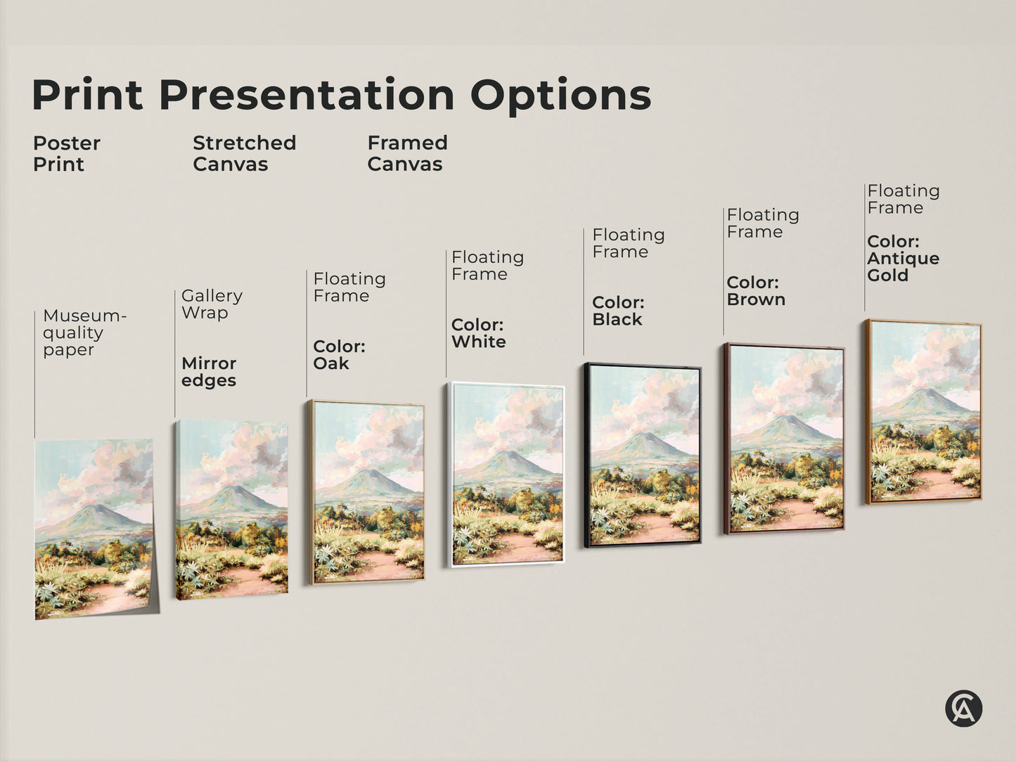 Explore print presentation options featuring this volcano landscape art. Choose from a poster print stretched canvas or framed canvas. Each option enhances the impressionist mountain art. Select your style for a unique nature home decor piece. Consider this gift for her.