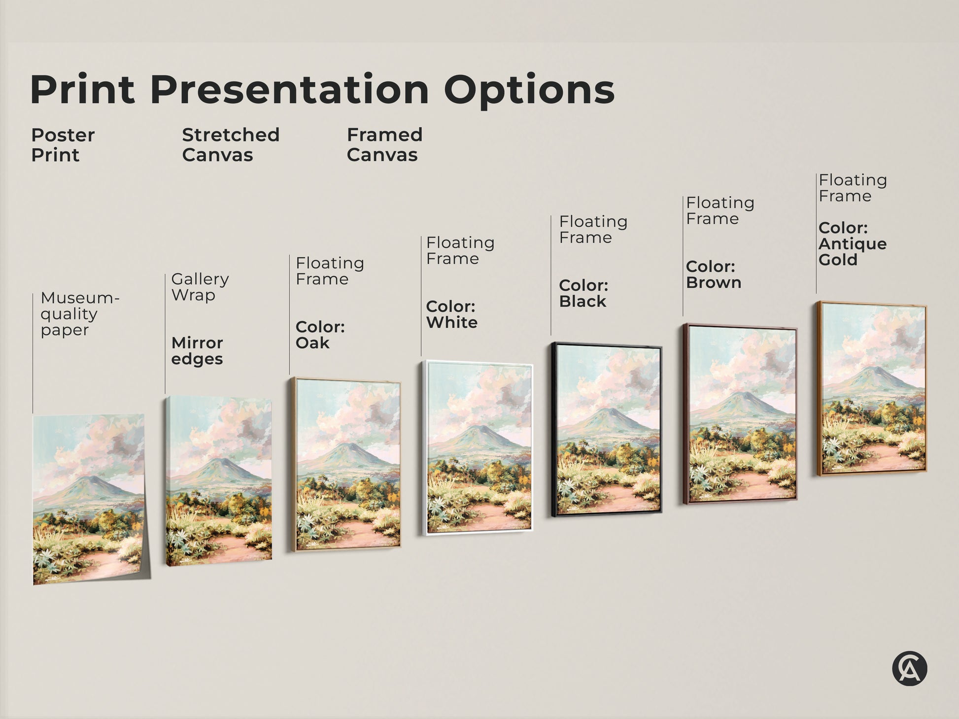 Explore print presentation options featuring this volcano landscape art. Choose from a poster print stretched canvas or framed canvas. Each option enhances the impressionist mountain art. Select your style for a unique nature home decor piece. Consider this gift for her.