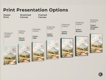 Explore print presentation options featuring this volcano landscape art. Choose from a poster print stretched canvas or framed canvas. Each option enhances the impressionist mountain art. Select your style for a unique nature home decor piece. Consider this gift for her.