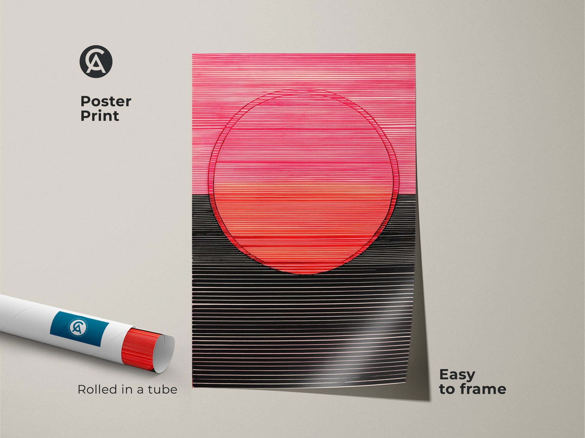 Easy to frame poster print of abstract geometric artwork. The modern bedroom artwork features a hot pink and coral circle and black lines. The contemporary abstract print is rolled in a tube.