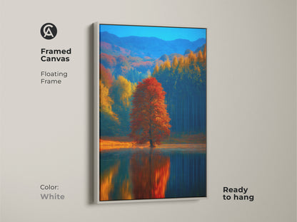 Framed canvas art of an autumn lake landscape. A red tree's reflection is stunning. The impressionistic fall nature artwork is a cozy decor piece. The white floating frame offers a clean look. This nature inspired art print enhances any room.