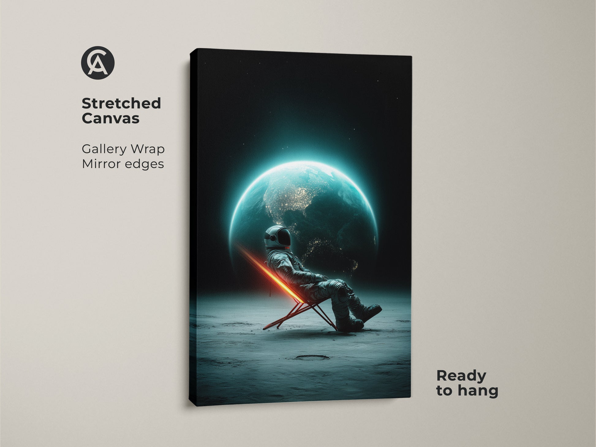 Stretched canvas sci-fi movie poster. It shows an astronaut relaxing with a futuristic space view. Earth is visible from the moon. This surreal astronaut artwork has gallery wrap mirror edges. Ready to hang cosmic landscape print for modern sci-fi artwork.