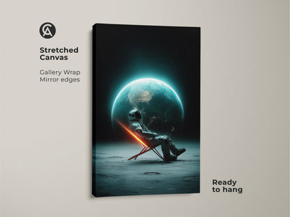 Stretched canvas sci-fi movie poster. It shows an astronaut relaxing with a futuristic space view. Earth is visible from the moon. This surreal astronaut artwork has gallery wrap mirror edges. Ready to hang cosmic landscape print for modern sci-fi artwork.