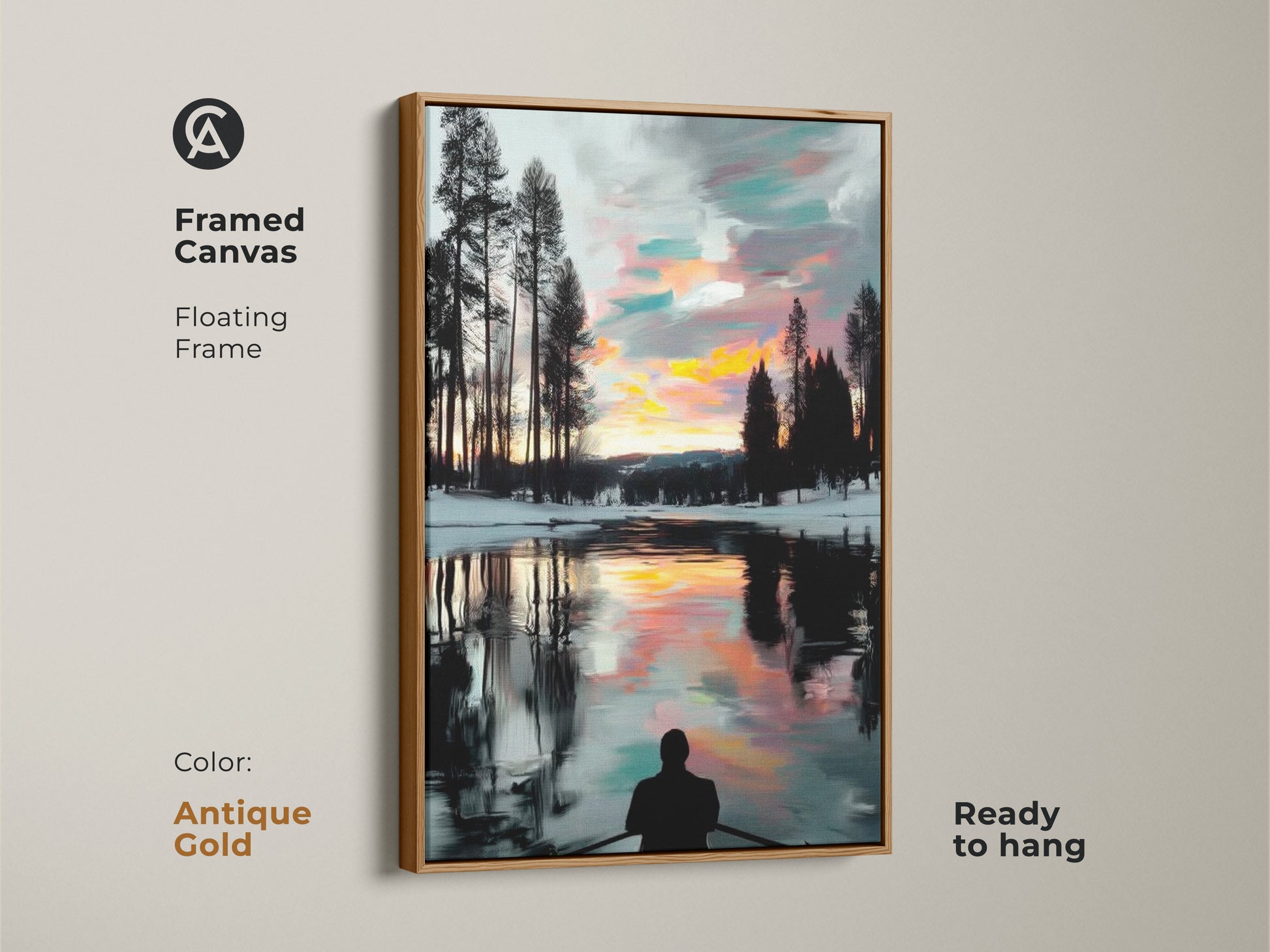 This antique gold framed canvas shows a rowboat in a winter sunset scene. The artwork uses expressive brushstrokes and tranquil water art. It's a unique landscape print ready to hang. It will enhance your home decor.