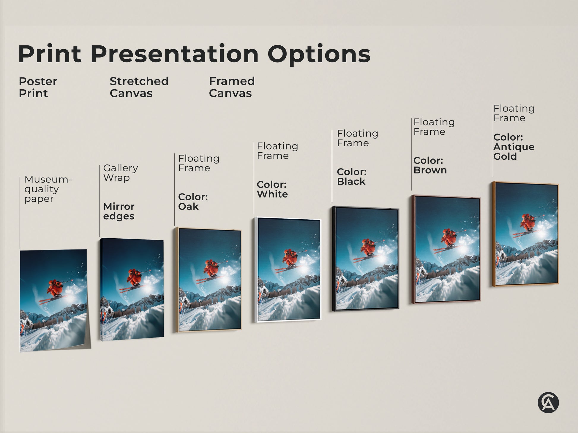 Print presentation options for skiing art. Choose from poster print stretched canvas or framed canvas. Each option showcases a skier in mid-air. The artwork captures the thrill of winter sports. Select the perfect format to match your style and decor