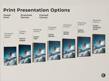 Print presentation options for skiing art. Choose from poster print stretched canvas or framed canvas. Each option showcases a skier in mid-air. The artwork captures the thrill of winter sports. Select the perfect format to match your style and decor
