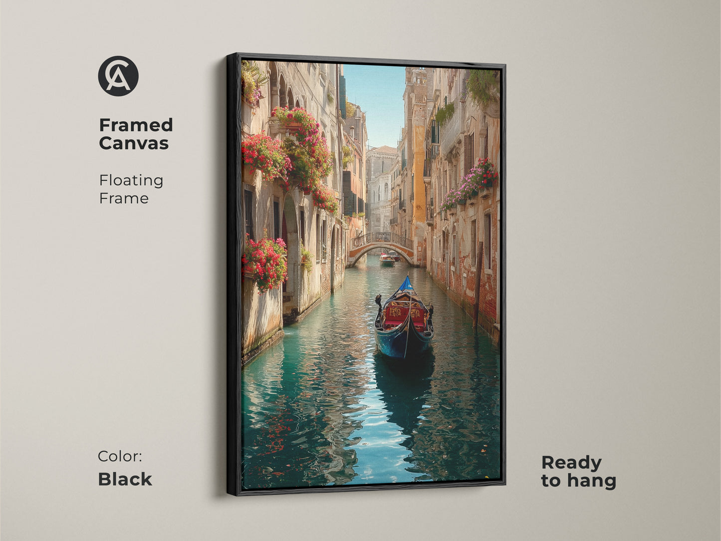 Elevate your space with this framed canvas art of Venice. A gondola is pictured on a canal with classic architecture. Red flowers adorn the buildings creating a picturesque view. The black floating frame adds a touch of elegance. This artwork is ready to hang.