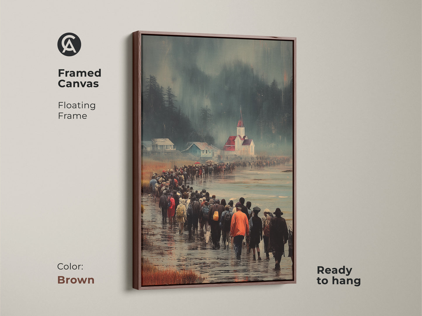 Framed canvas features a figurative landscape of people walking to church. The Brown floating frame emphasizes the travel themed wall decor. This blue red and teal art is ready to hang as a unique wall hanging. It brings an atmospheric coastal scene to any home