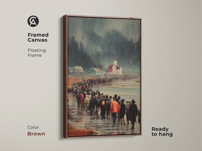 Framed canvas features a figurative landscape of people walking to church. The Brown floating frame emphasizes the travel themed wall decor. This blue red and teal art is ready to hang as a unique wall hanging. It brings an atmospheric coastal scene to any home