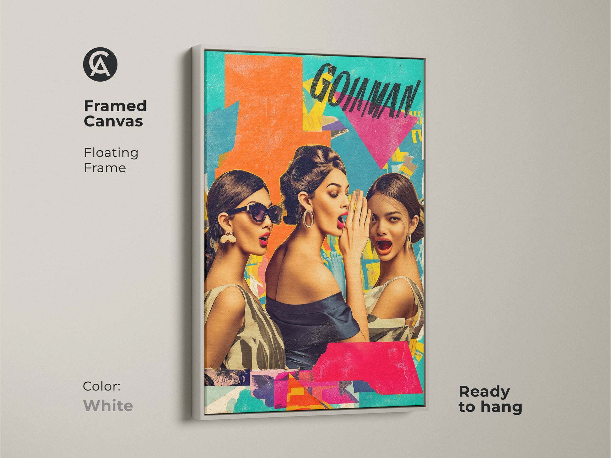 White framed canvas displaying retro collage art. This pop art women print adds an eclectic touch to your home decor. The orange aqua teal tones make it a vibrant statement wall art.