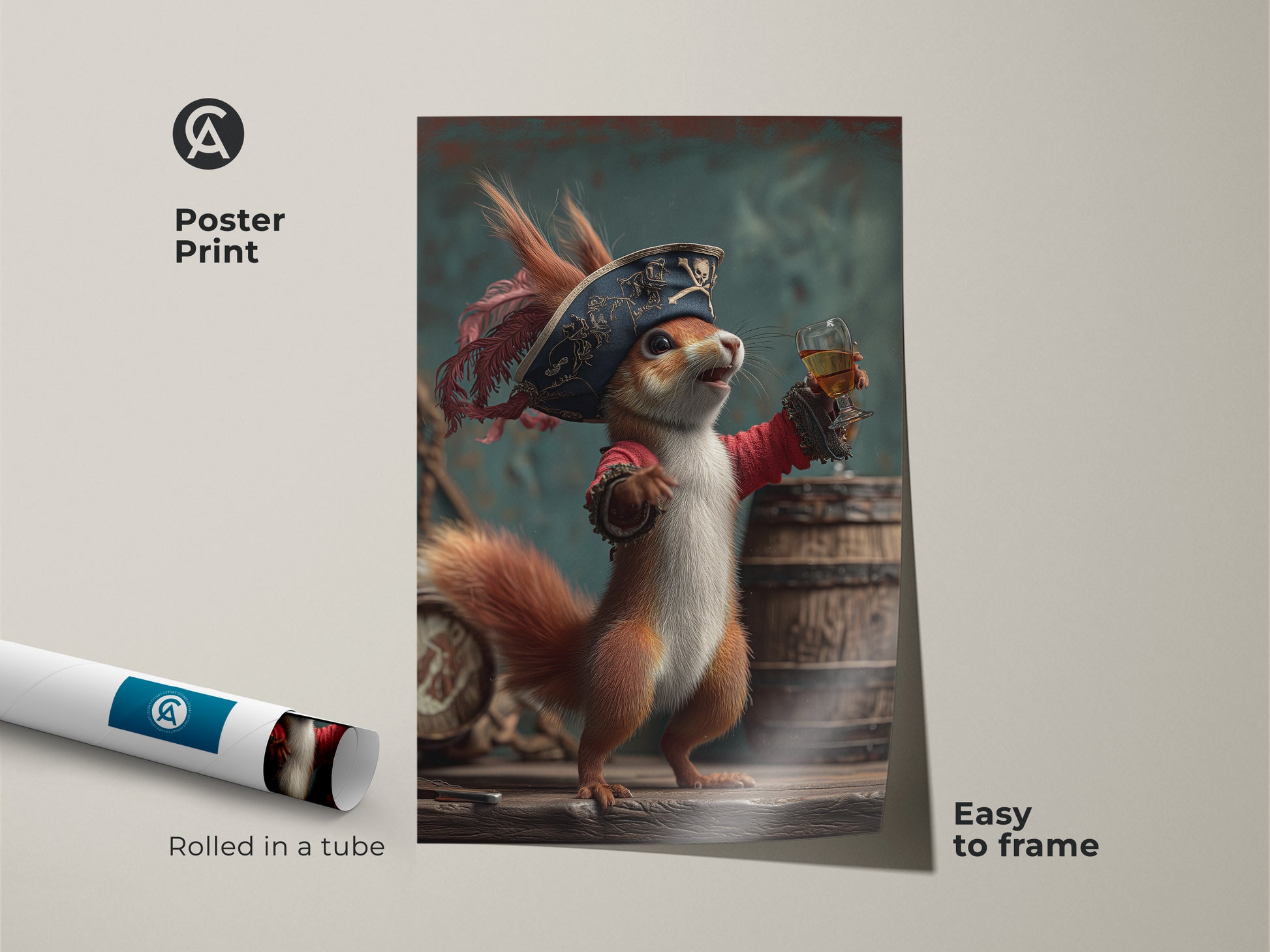 This pirate squirrel art print is an easy-to-frame whimsical poster for your den. The fantasy animal artwork arrives rolled in a tube. Featuring a squirrel dressed as a pirate enjoying rum. It's a unique addition to your eclectic animal wall decor and a fun gift for rum lovers.