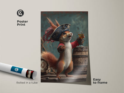 This pirate squirrel art print is an easy-to-frame whimsical poster for your den. The fantasy animal artwork arrives rolled in a tube. Featuring a squirrel dressed as a pirate enjoying rum. It's a unique addition to your eclectic animal wall decor and a fun gift for rum lovers.