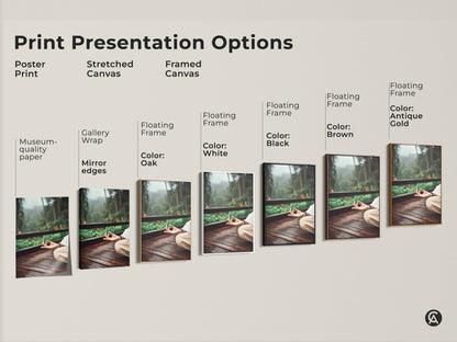 Explore print presentation options for our meditation pose canvas art. Choose from poster prints stretched canvas and framed canvas. Options include museum-quality paper gallery wrap and floating frames in various colors. Find your perfect match.