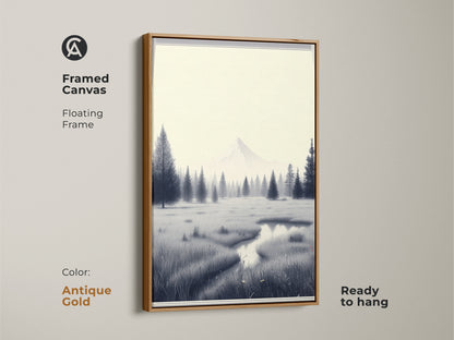 Framed canvas art featuring a minimalist mountain artwork with a floating frame in antique gold. This monochrome nature wall art is ready to hang. The Scandinavian pine tree canvas print is perfect for a cabin. Elegant black and white landscape.