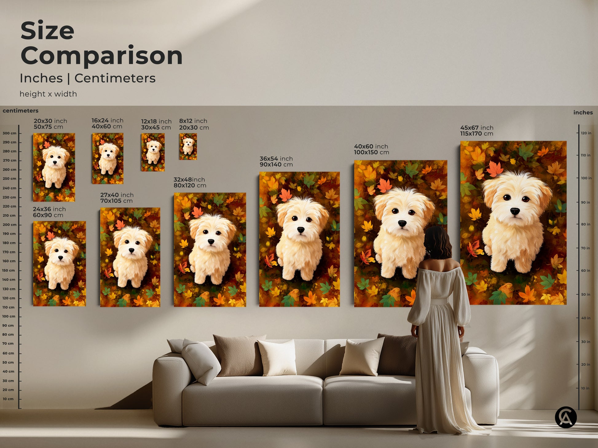 Size comparison of maltipoo puppy art prints in inches and centimeters. See how different sizes fit above a sofa. Choose the ideal dimensions for your canvas or poster artwork.