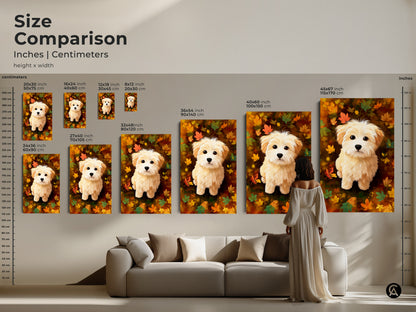 Size comparison of maltipoo puppy art prints in inches and centimeters. See how different sizes fit above a sofa. Choose the ideal dimensions for your canvas or poster artwork.