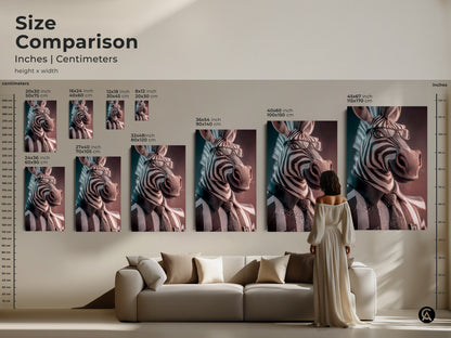 Size comparison of zebra art in modern living space. See the art dimensions of the canvas and poster print options. You can choose from sizes from 8x12 inch to 45x67 inch. This is a stylish zebra painting for any home or office.