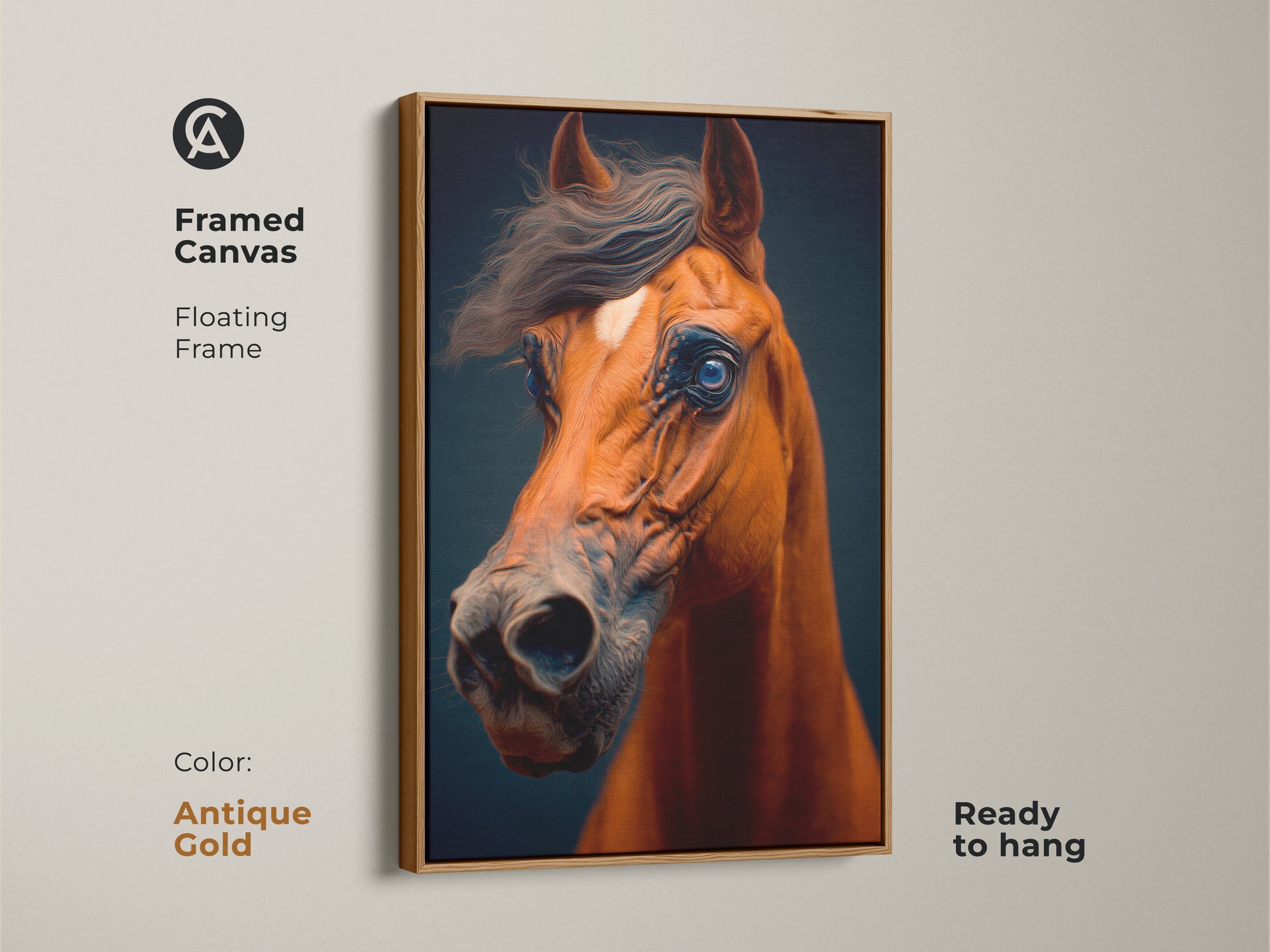 The framed canvas features realistic horse artwork in antique gold. This equine portrait adds elegance to any wall. The floating frame complements the horse art. This horse themed gift is ready to hang. The rich colors make it a focal point.